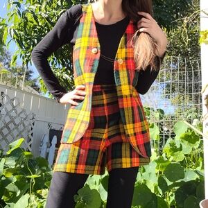 70s Vintage Tartan Plaid Shorts & Vest Set